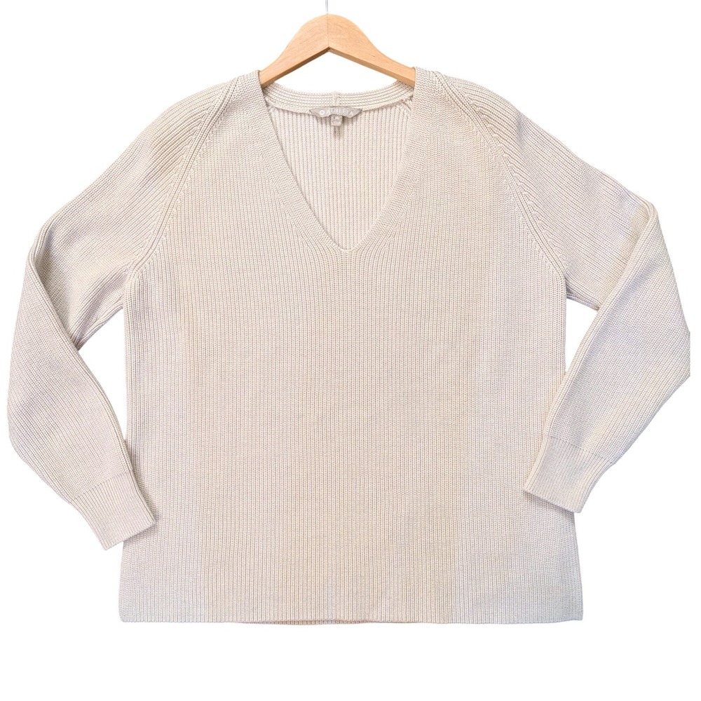 Athleta Cream Ribbed Knit V Neck Sweater Women's Size Medium Merino Wool‎ Blend